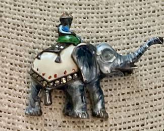 Vtg Sterling Silver & Enamel Elephant & Rider
