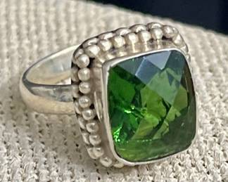 terling Silver Ring with Green Stone Sz 6.25