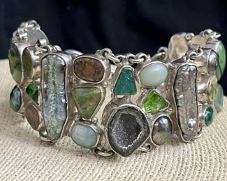 Sterling Silver Bracelet w/ Turquoise, Pearls,
Druzy Crystal, and Other Stones 74.12g 8in