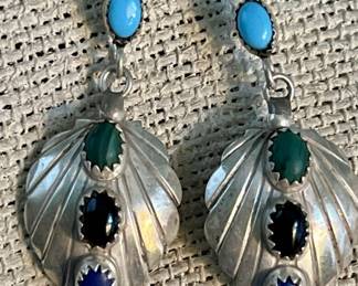 Sterling Silver Dangle Earrings w/ Turquoise, Lapis, Malachite 5.22g