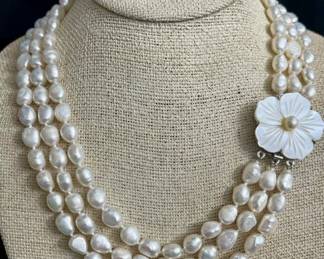 Triple-Strand 7-8mm Pearl Necklace w/ Carved
Mother of Pearl Clasp- 18, 21, 23in