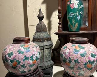 Pair of Chinese Ginger Jars with wooden lids 