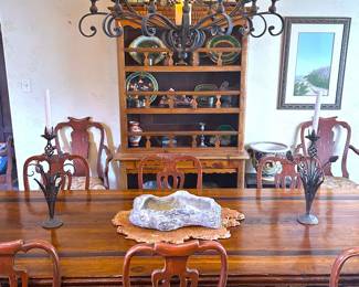 Antique Queen Anne dining chairs,  a bespoke French style trestle table and an antique French hutch 