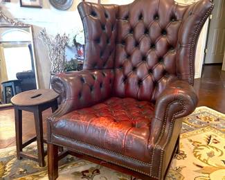 Antique leather Chesterfield tufted wingback chair