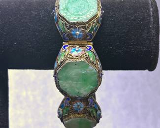 Antique Chinese silver jade and enamel bracelet