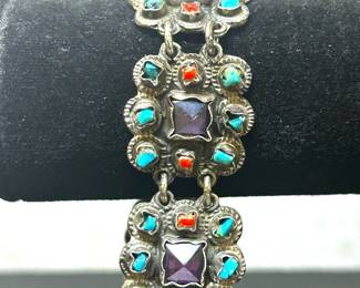 Antique silver turquoise and topaz bracelet from Mexico. 