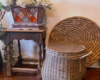 Antique English Joint Stool, Imari planer and hand woven basket 