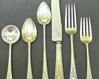 Antique Sterling flatware by Rogers Lunt & Bowlen which later became Lunt Silver.  This is the Early American pattern which was introduced in 1926.   There are 12 six piece place settings along with several serving pieces totally 79  