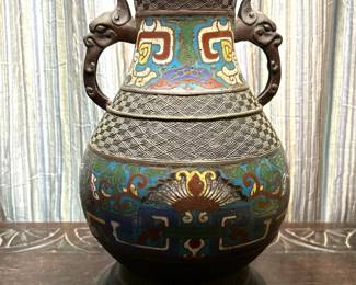 Antique Chinese bronze and cloisonne vase lamp 