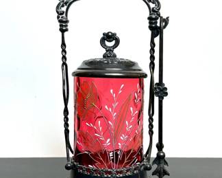 Antique Victorian Cranberry Glass Pickle Castor 