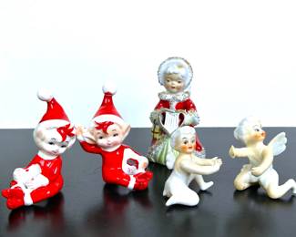 Vintage Christmas porcelain figurines,  elf and cupid candle hugers 