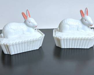 Vintage Westmoreland milk glass rabbits on nest containers 