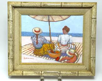 A small painting of two ladies enjoying a day at the beach by Texas artist Helen Cuthbertson