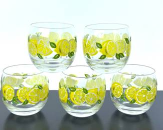 Vintage Roly Poly glass barware with enameled lemon decorations 
