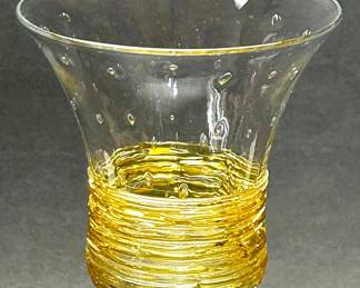 These Fry water goblets have hand blown bowls with controlled bubbles and hand applied gold glass threads.  