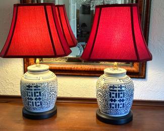 Matching pair of Chinese blue & white porcelain jar lamps