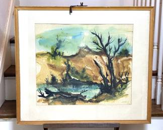 Original water color painting by George Emmett Calvert (1928 - 2002), Oklahoma artist who taught oil and watercolor painting, etching, sculpture and pottery as a professor of fine arts at Northeastern University and at Southwestern University 