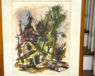 A second original water color painting by George Emmett Calvert (1928 - 2002), Oklahoma artist who taught oil and watercolor painting, etching, sculpture and pottery as a professor of fine arts at Northeastern University and at Southwestern University 