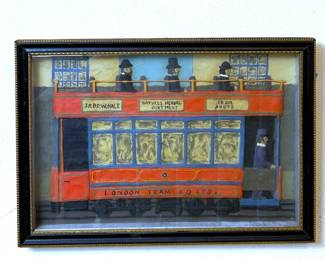 1960s Shadow box of putty sculpture of a London Tram.  This was purchased at London's Bayswater Road Art Show in the late 1960s.   The card on the back states 'Peter Adams,  Shows every Sunday on Bayswater Road, only works in putty, London' 