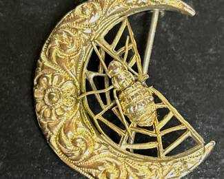 Victorian brooch pin of a Spider web on a crescent moon 