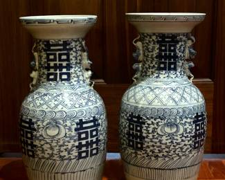 Large antique Chinese blue & white porcelain vases. Both have a wax Jian Ding seal.  Lot 