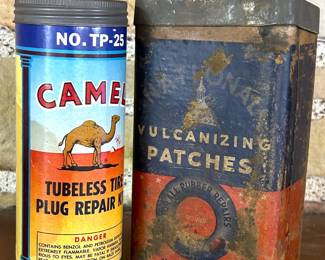 Antique automobile tire repair kits, Camel Tubeless Tire Plug Repair and National Vulcanizing Patches 