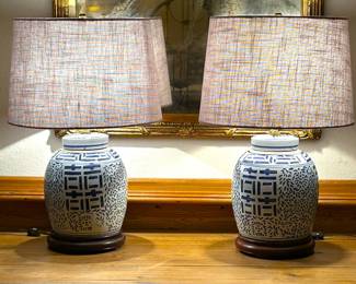 A second matching pair of Chinese blue & white porcelain jar lamps