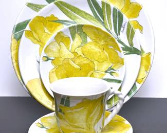 IVintage mid century dinnerware made by Ernestine Pottery of Salerno, Italy, 1960s.   Ernestine Cannon (1904-1969), an American lived in Salerno, Italy during the 1940s.  She started Ernestine Pottery to help with the poverty stricken area after WWII ended.  In the 1950s her designs soon gained attention from leading department stores such as Neiman Marcus.  Examples of her work can be found in Dallas Museum of Art.  
8 dinner plates, 21 salad plates, 15 dessert/bread plates, 8 cups & saucers with 3 extra saucers.  Two cups have nicks on the outside of their rims.   