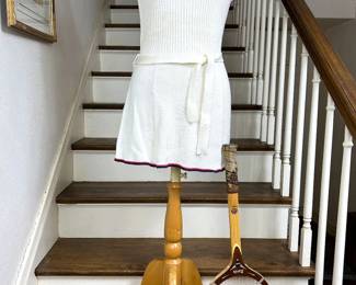 Vintage 1970s knit tennis dress and vintage wooden racket