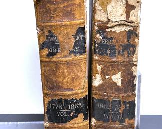 Antique two volume book set, The American Conflict: A History of the Great Rebellion in the United States of America, Vol 1 1776 - 1862 & Vol 2 1862 - 1865 by Horace Greeley.  Vol 1 was published in Hartford by O. D. Case & Company, Chicago by  Geo. & C. W. Sherwood in 1864 and Vol 2 published in Hartford by O. D. Case & Company in 1866