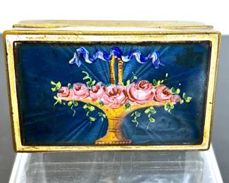Antique small brass and hand painted enamel snuff box