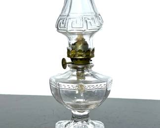 Antique mini glass oil lamp with Greek Key details 