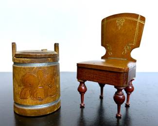 Hand carved and detailed treen wooden objects made in Sweden as toys.  