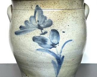 Antique 19th century salt glaze crock jar with cobalt slip floral decoration