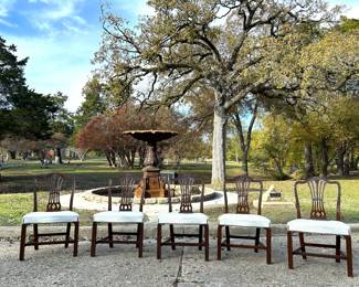 Antique Chippendale dining side chairs, circa 1790.   Several have strike initials in the backs. .....To register so you can place bids go to www.capitolsalesservices.hibid.com 