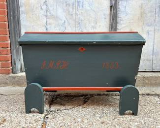 Antique Swedish dory chest that has been painted with two wooden stand supports. 