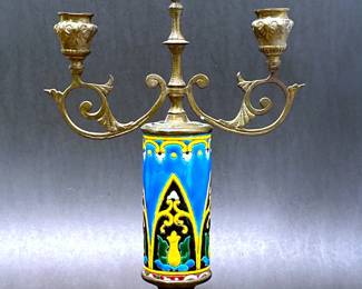 Antique brass and majolica candelabra  