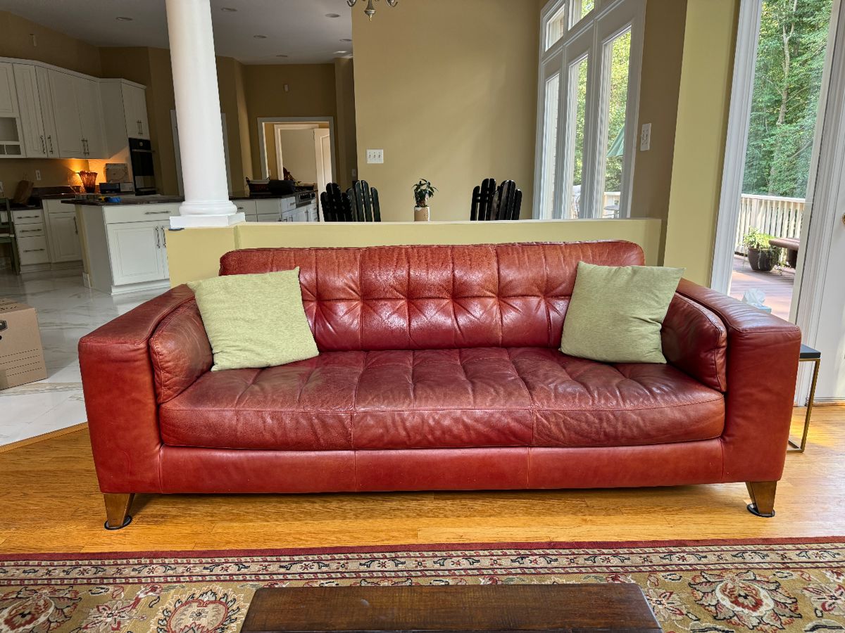 Natuzzi Red Leather Tufted Sofa (37"D x 93"W x 28" Back Height)