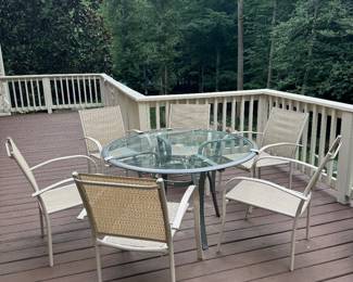 Round Glass Top Outdoor Table (48"D x 28"H) with Outdoor Mesh Upholstered Patio Armchairs (6 Total)