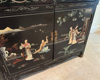 Chinese 2 Drawer / 2 Door Black Lacquered with Motif Console (41"W x 14-1/2"D x 29"H)