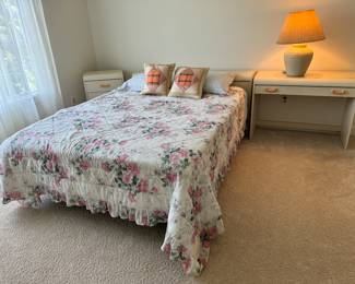 Queen Size Off White Headboard with Mattress, 1 Drawer Desk & 3 Drawer End Table