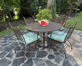 Wrought Iron Outdoor Patio Set (Table - 48"D x 29"H & 4 Rocker Style Armchairs)