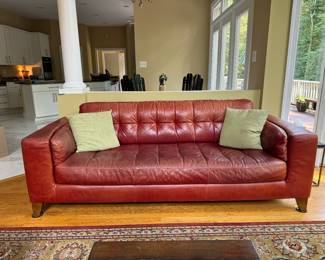 Natuzzi Red Leather Tufted Sofa (37"D x 93"W x 28" Back Height)