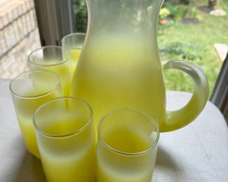 MCM West Virginia Frosted Glass Pitcher with 5 Matching Glasses