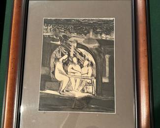 Framed Original Print of People at a Booth Unsigned