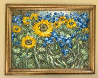 Framed Original Oil on Canvas Sunflowers Signed (55"W x 43"H)