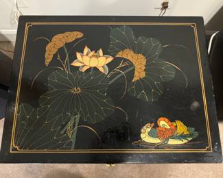Chinese Black Lacquer 1 Drawer / 2 Door Side Table (24"W x 18"D x 22-1/2"H)