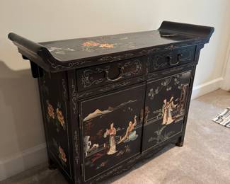 Chinese 2 Drawer / 2 Door Black Lacquered with Motif Console (41"W x 14-1/2"D x 29"H)