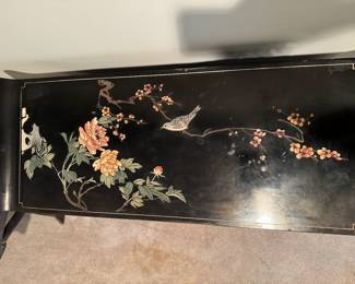 Chinese 2 Drawer / 2 Door Black Lacquered with Motif Console (41"W x 14-1/2"D x 29"H)