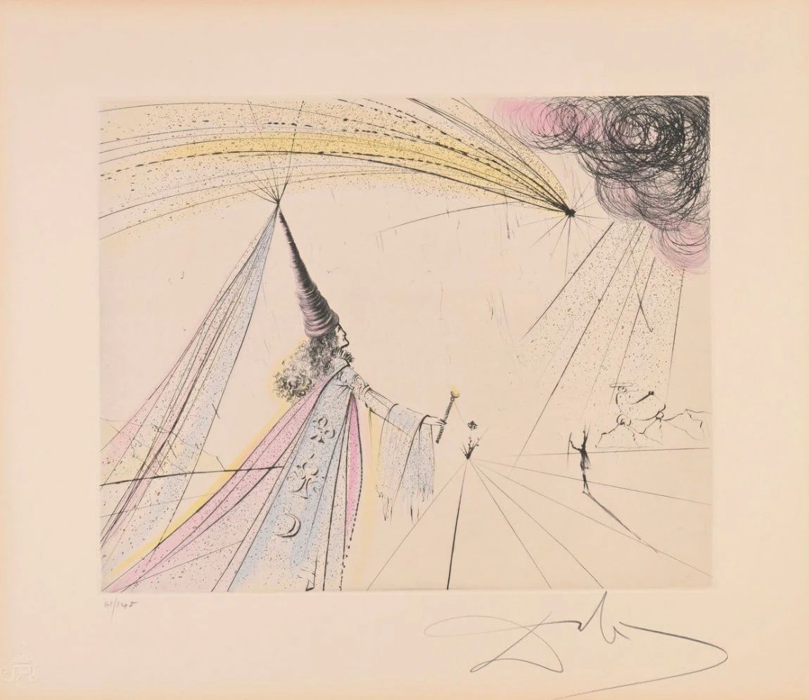  Original Salvador Dali etching "Urania" from Suite Les Muses (1971), hand-signed by Dali in pencil, hand-colored with watercolor and golden highlights.